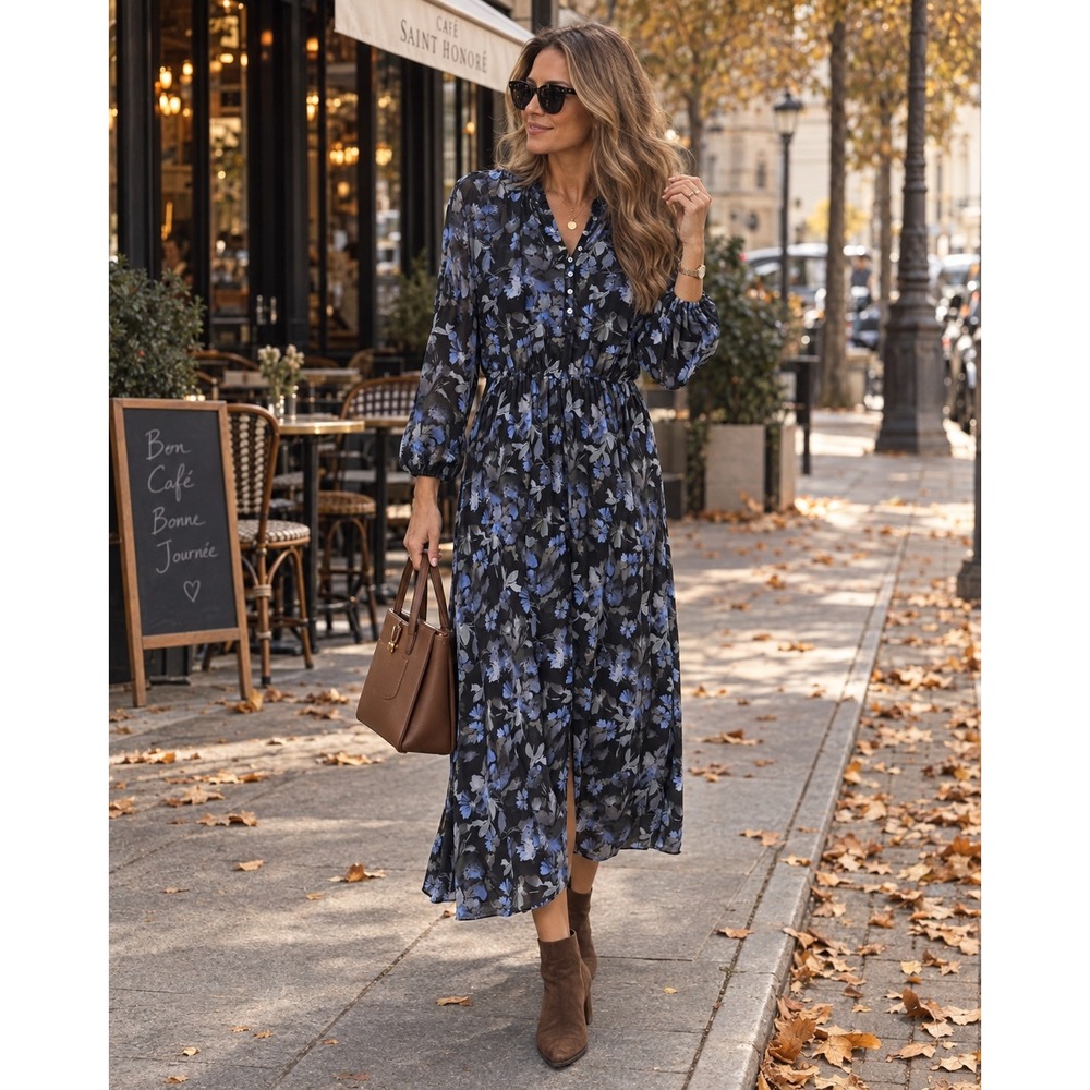 Cloth & Stone Blue Floral Long Sleeve Midi Dress Elastic Waist S #422